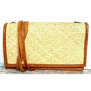 ISLAND BEIGE HANDWOVEN STRAW TAN GENUINE LEATHER SMALL FLAP X-BODY WALLET CLUTCH